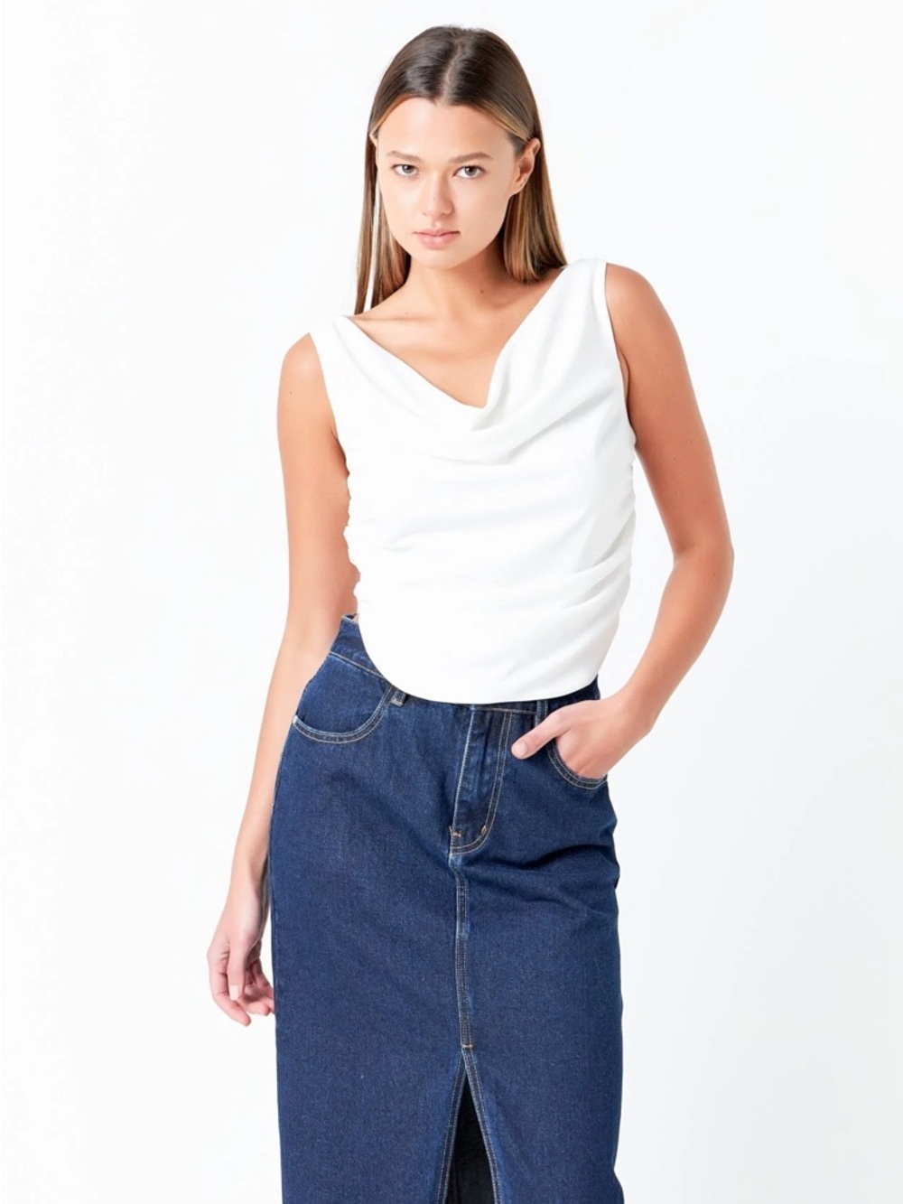 Gray Lab White Draped Cowl Neck Ruched Sleeveless Tank Top